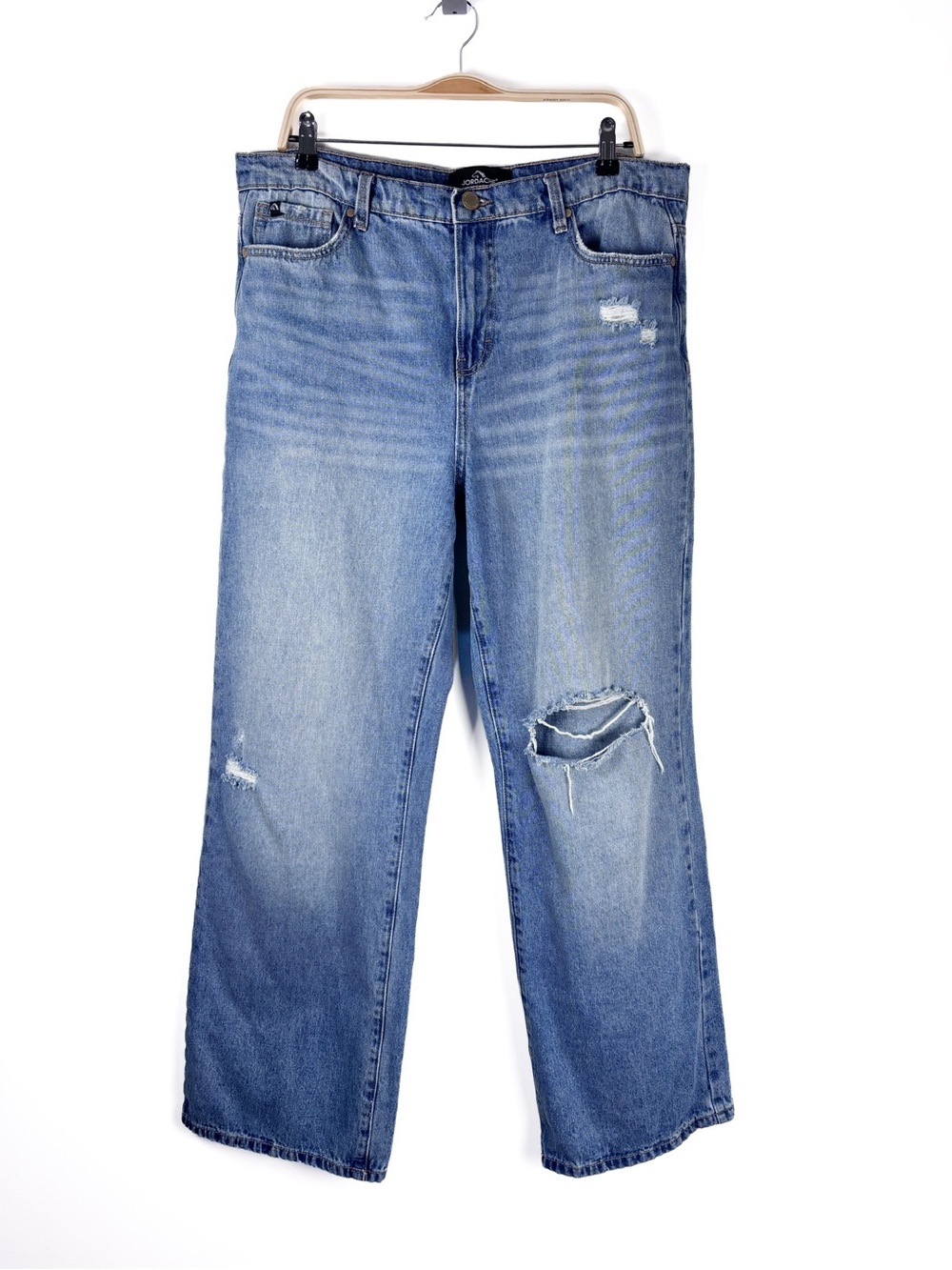 Jordache High Rise Straight Leg Ripped Knee Distressed Denim Blue Jeans Size 14